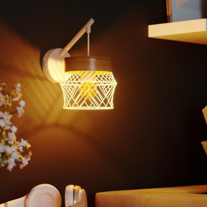 Applique Kanel E27, nature métal blanc/bois inspire