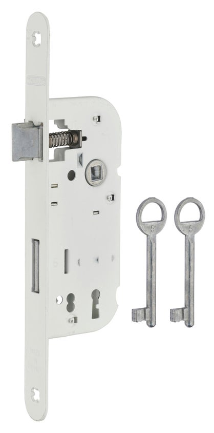 Serrure à encastrer réversible axe 40 x 70 mm – pêne dormant 1/2 tour – blanc