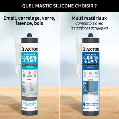 Mastic silicone cuisine & bain neutre transparent Axton – cartouche 280 ml