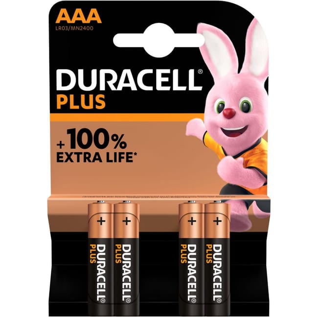 Piles Duracell LR03 AAA Plus – Lot de 4 – +100% Extra Life
