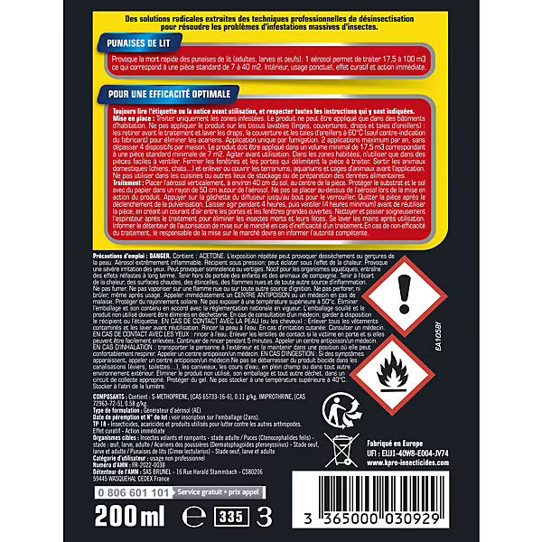 Aérosol insecticide diffusion continue anti punaises de lit 200 ml – K-Pro