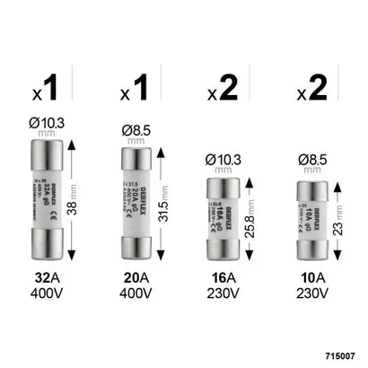 Fusibles avec voyant – 2x10A, 2x16A, 1x20A, 1x32A – Sachet de 6 pièces