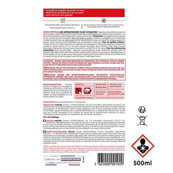 Huile extérieure protectrice teck et bois exotiques Starwax 500 ml