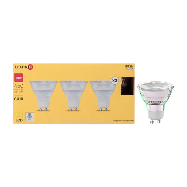 Lot de 3 ampoules LED GU10 100° – 450 lm (équiv. 50 W) – Blanc chaud – LEXMAN