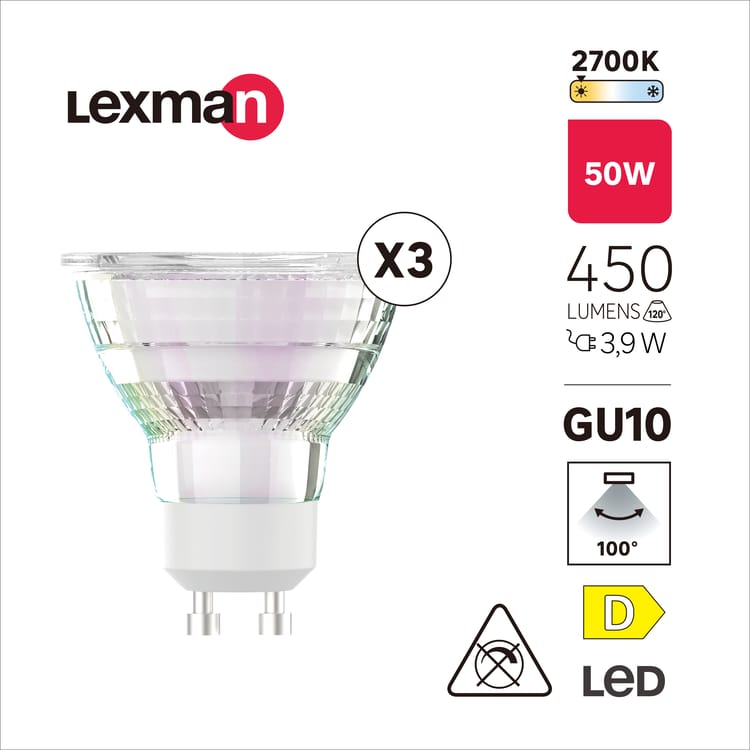 Lot de 3 ampoules LED GU10 100° – 450 lm (équiv. 50 W) – Blanc chaud – LEXMAN