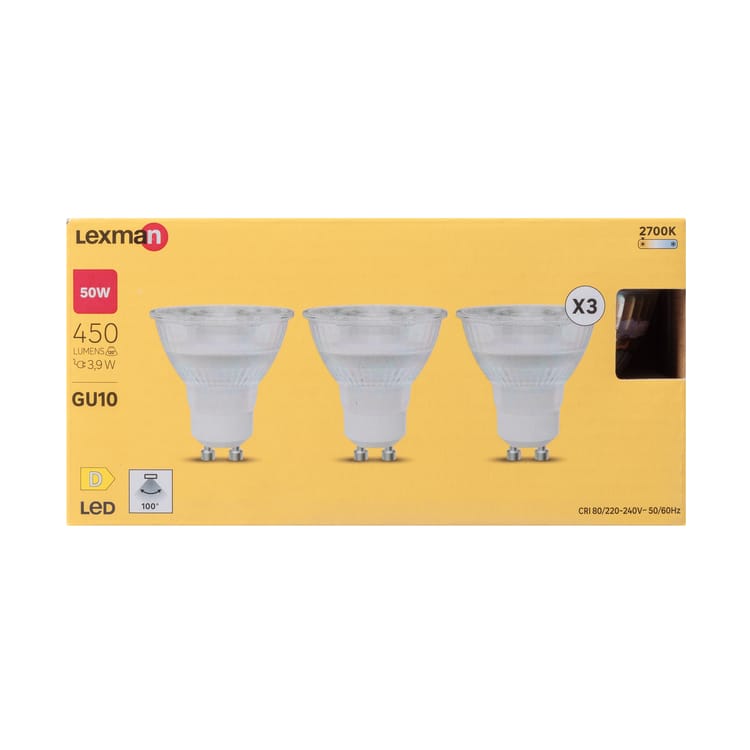 Lot de 3 ampoules LED GU10 100° – 450 lm (équiv. 50 W) – Blanc chaud – LEXMAN