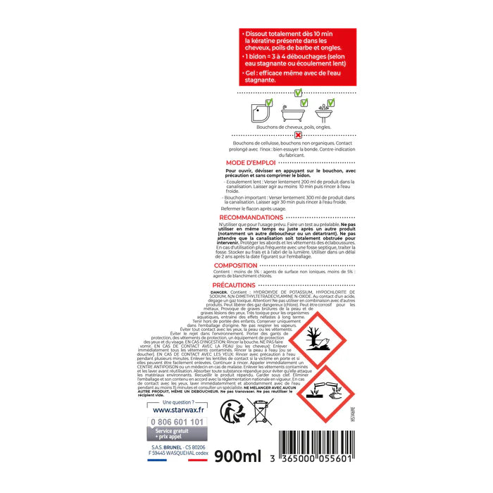 Déboucheur canalisations spécial cheveux – Starwax (900 ml)